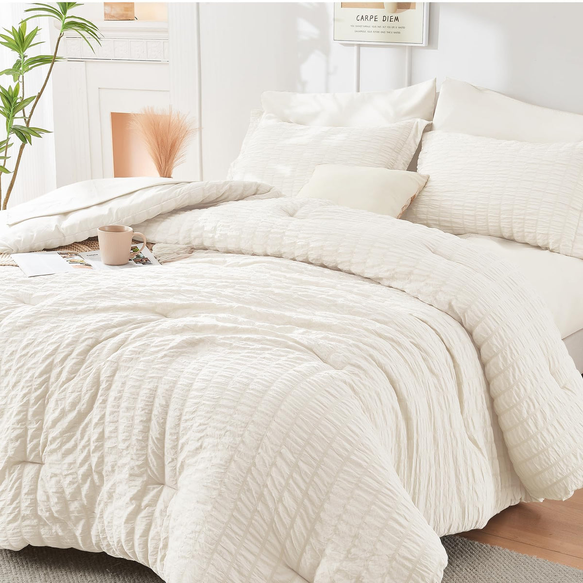 HYMOKEGE Comforter Set Seersucker 7 Pieces, All Season Luxury Bed in a Bag for Bedroom, Bedding Set with Comforters, Sheets, Pillowcases & Shams