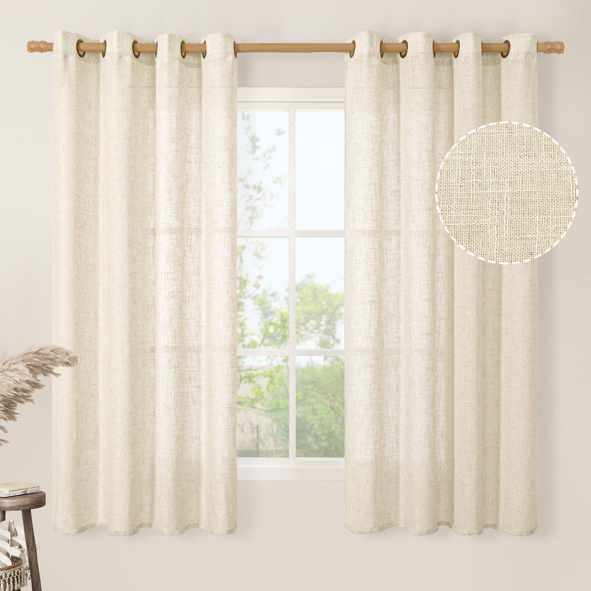 LAMIT Natural Faux Linen Curtains for Bedroom, Bronze Grommet Light Filtering Burlap Drapes, Set of 2 Panels