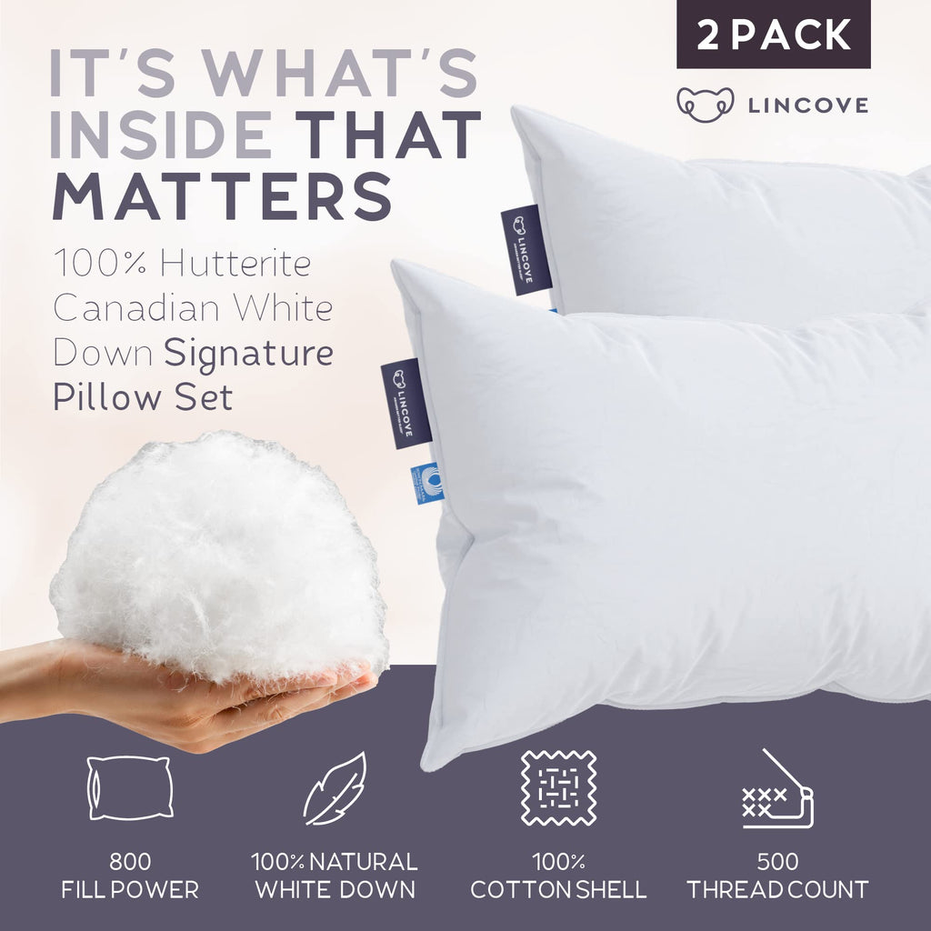 Lincove Signature 100% Natural Canadian White Down Luxury Sleeping Pillow - 800 Fill Power, 500 Thread Count Cotton Shell, Made in Canada