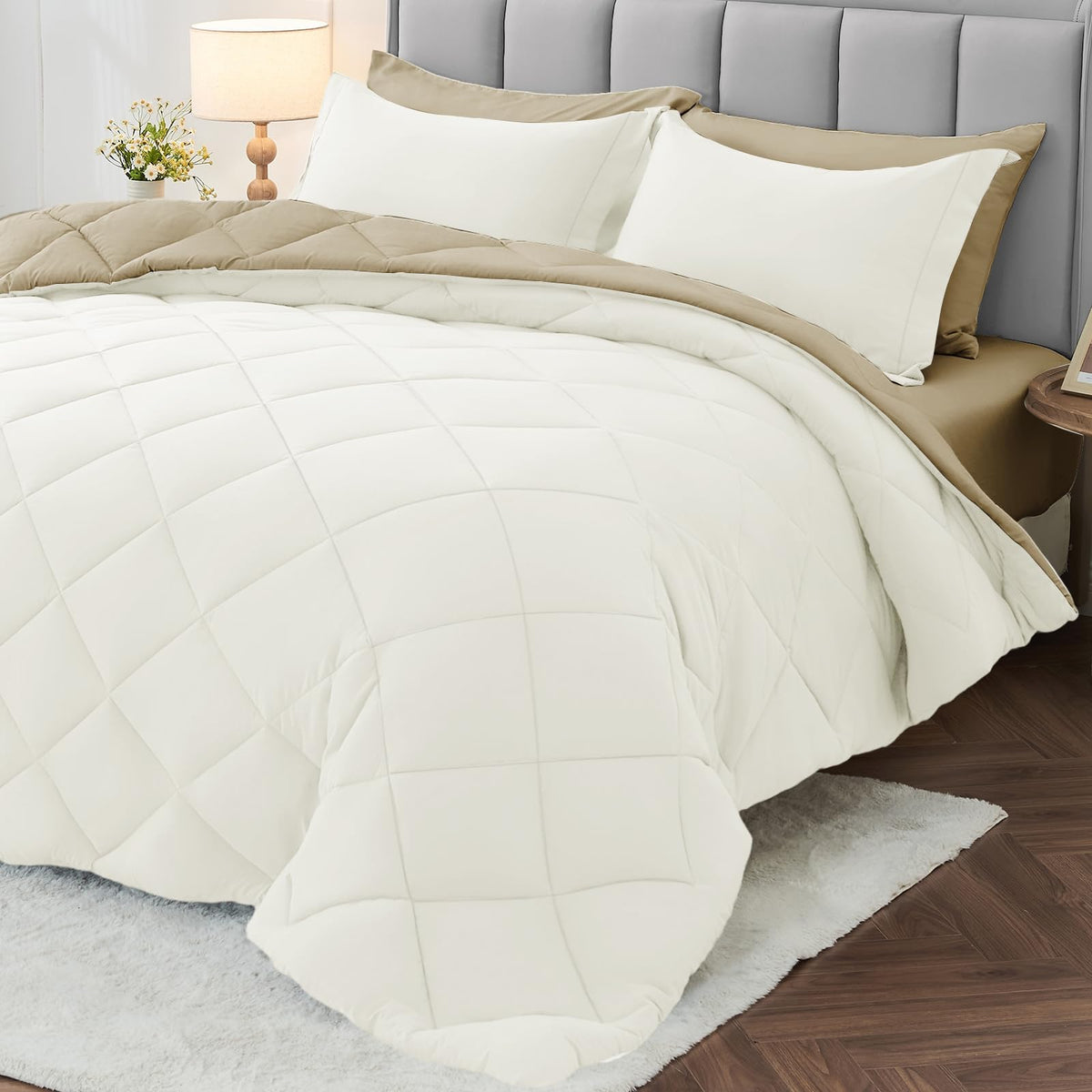 MUXHOMO 7 Pieces Comforter Set, Reversible Bed in a Bag for All Season, Bedding Set with Comforter, Flat Sheet, Fitted Sheet, Pillowcases & Shams