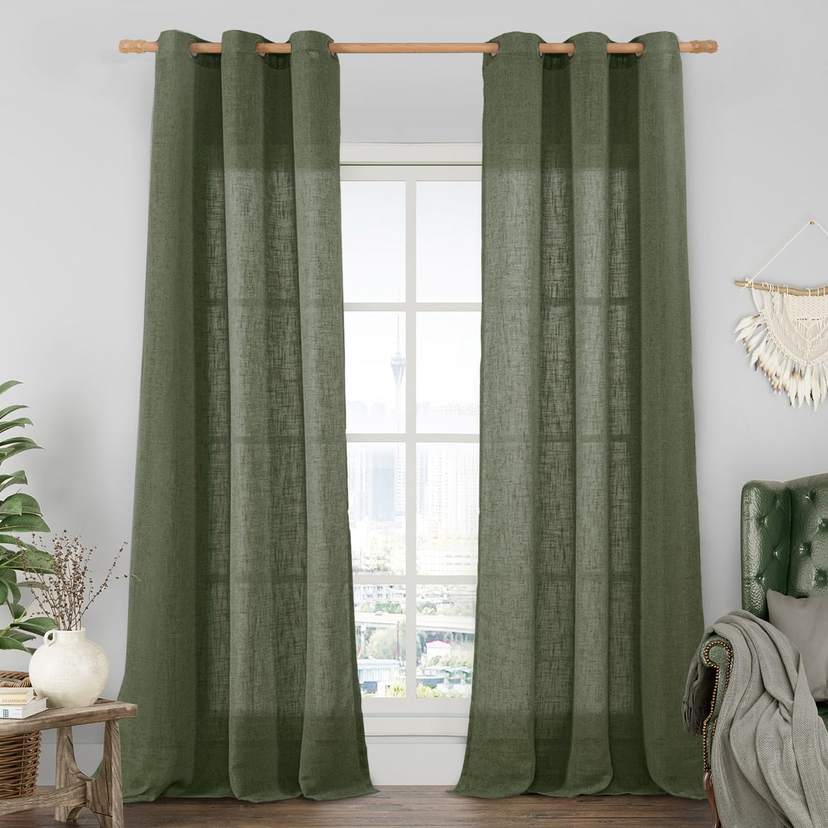 LAMIT Natural Faux Linen Curtains for Bedroom, Bronze Grommet Light Filtering Burlap Drapes, Set of 2 Panels