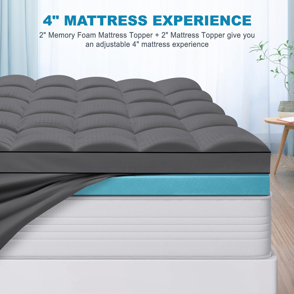 MASVIS Dual Layer 4 Inch Memory Foam Mattress Topper, 2 Inch Gel Memory Foam and 2 Inch Cooling Pillow Top Mattress Cover for Back Pain