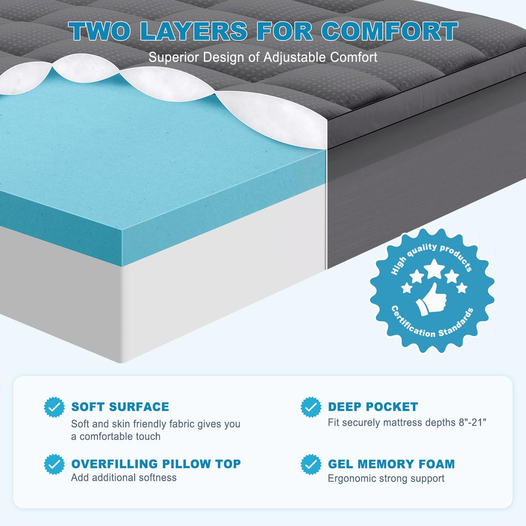 MASVIS Dual Layer 4 Inch Memory Foam Mattress Topper, 2 Inch Gel Memory Foam and 2 Inch Cooling Pillow Top Mattress Cover for Back Pain