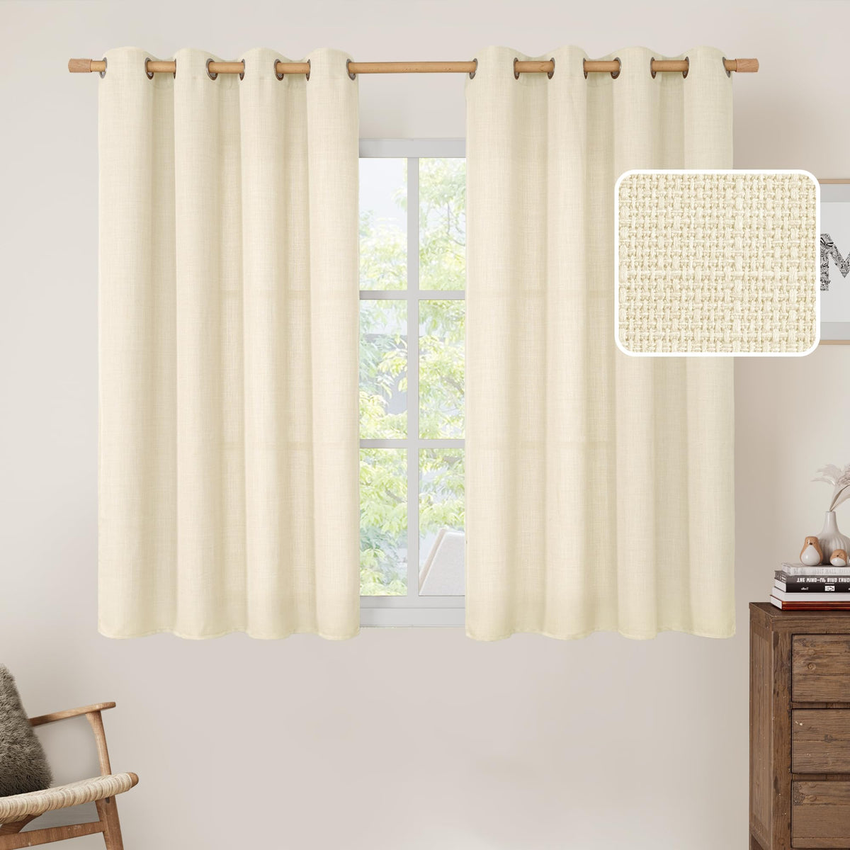 LAMIT Natural Faux Linen Curtains for Bedroom, Bronze Grommet Light Filtering Burlap Drapes, Set of 2 Panels