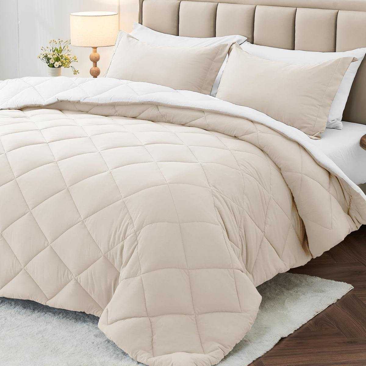 MUXHOMO 7 Pieces Comforter Set, Reversible Bed in a Bag for All Season, Bedding Set with Comforter, Flat Sheet, Fitted Sheet, Pillowcases & Shams
