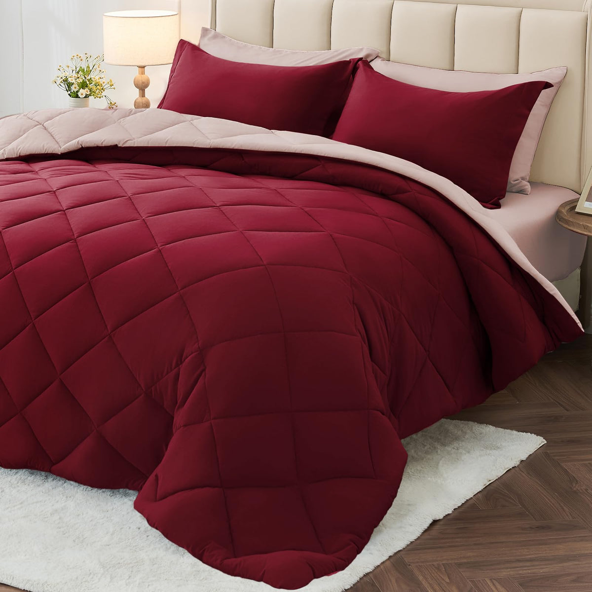 MUXHOMO 7 Pieces Comforter Set, Reversible Bed in a Bag for All Season, Bedding Set with Comforter, Flat Sheet, Fitted Sheet, Pillowcases & Shams