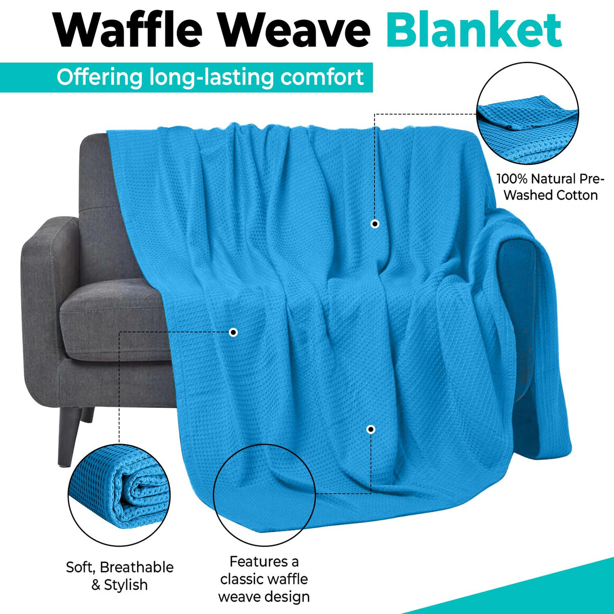 100% Cotton Blankets for Bed - Waffle Weave Blankets for Summer, Lightweight and Breathable Soft Woven Blanket for Spring