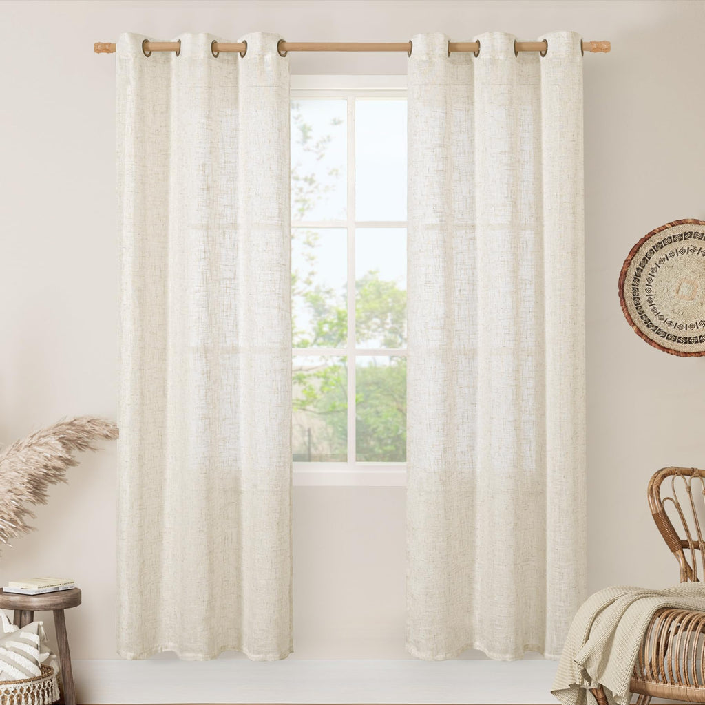 LAMIT Natural Faux Linen Curtains for Bedroom, Bronze Grommet Light Filtering Burlap Drapes, Set of 2 Panels