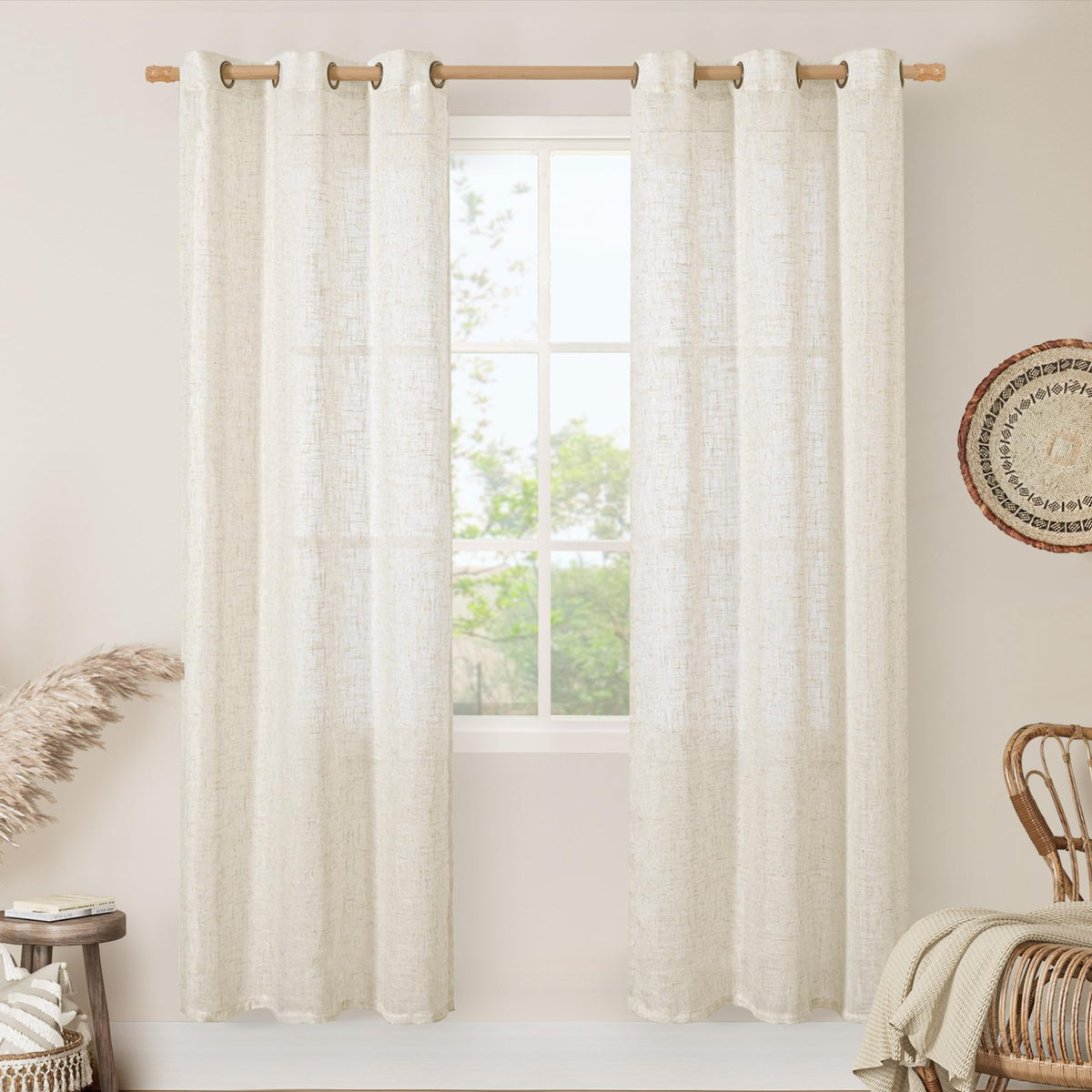 LAMIT Natural Faux Linen Curtains for Bedroom, Bronze Grommet Light Filtering Burlap Drapes, Set of 2 Panels