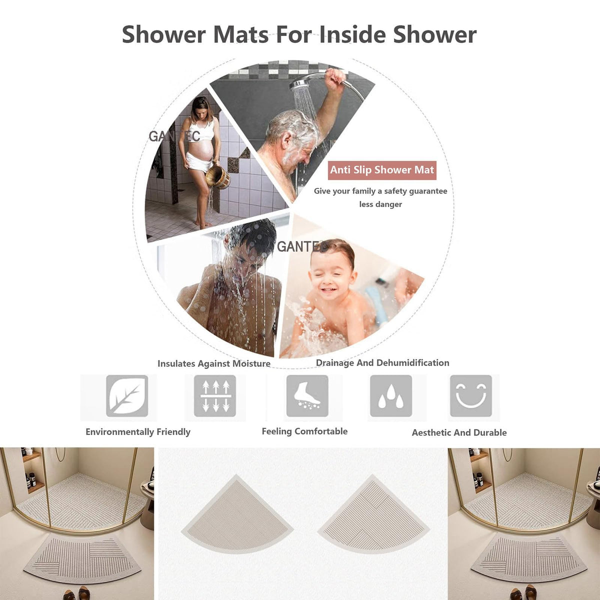Triangular Shower Mat for Corner Shower, Comfortable Curved Shower Mat, Non-Slip PVC Bath Mat, Bathroom Rug with Drainage Holes(B,80x80cm(32x32inch))