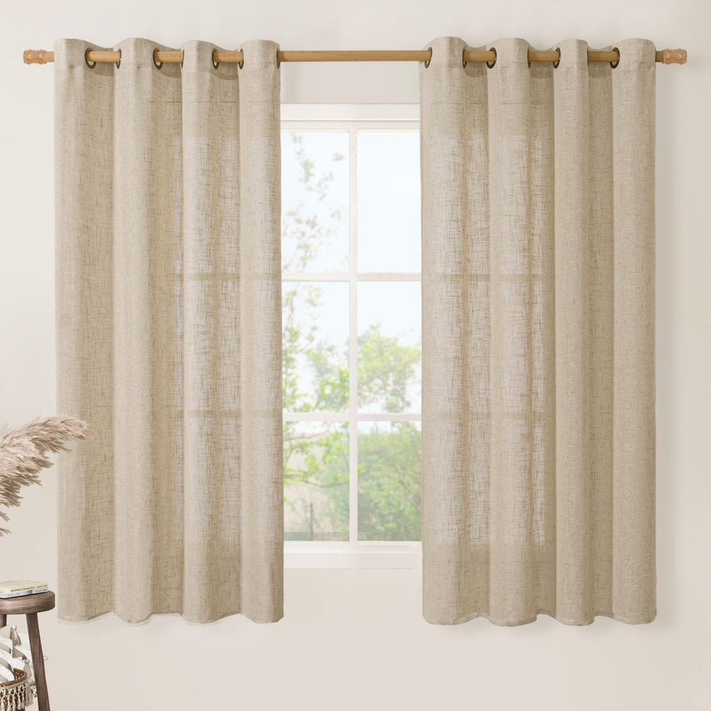 LAMIT Natural Faux Linen Curtains for Bedroom, Bronze Grommet Light Filtering Burlap Drapes, Set of 2 Panels