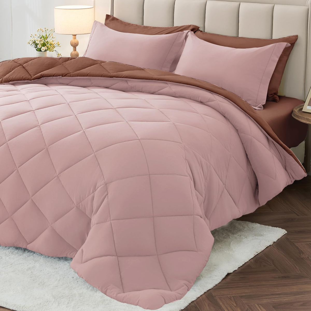 MUXHOMO 7 Pieces Comforter Set, Reversible Bed in a Bag for All Season, Bedding Set with Comforter, Flat Sheet, Fitted Sheet, Pillowcases & Shams