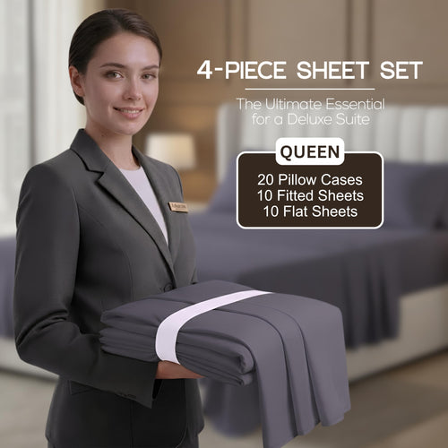 Bulk 10-Pack Queen Deep Pocket Sheet Set For Hotel, Resort & Motel, Grey