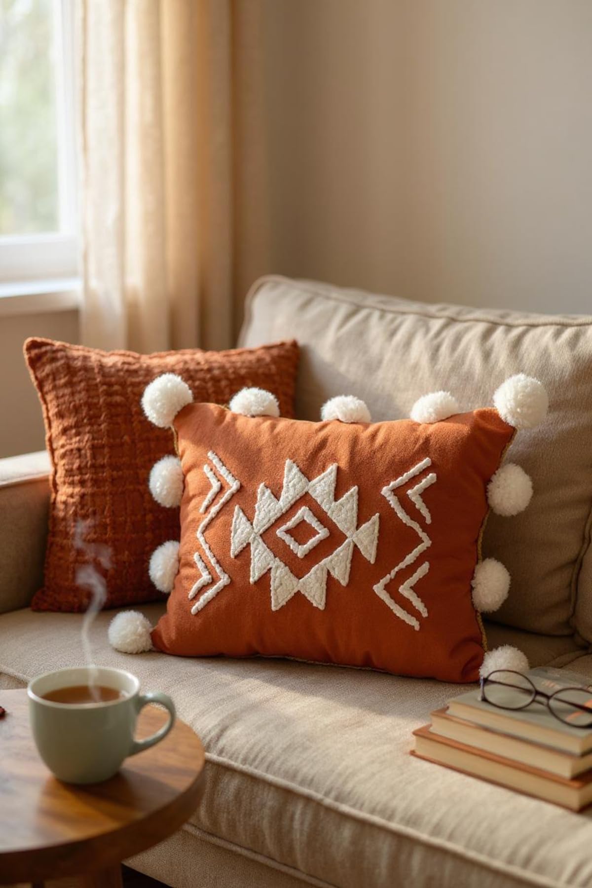 SODEF Decorative Throw Pillow Cover with Pom Poms, 18x18 in, Linen Cushion Cover, Bohemian Style, Orange - Orange