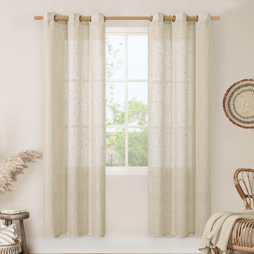 LAMIT Natural Faux Linen Curtains for Bedroom, Bronze Grommet Light Filtering Burlap Drapes, Set of 2 Panels