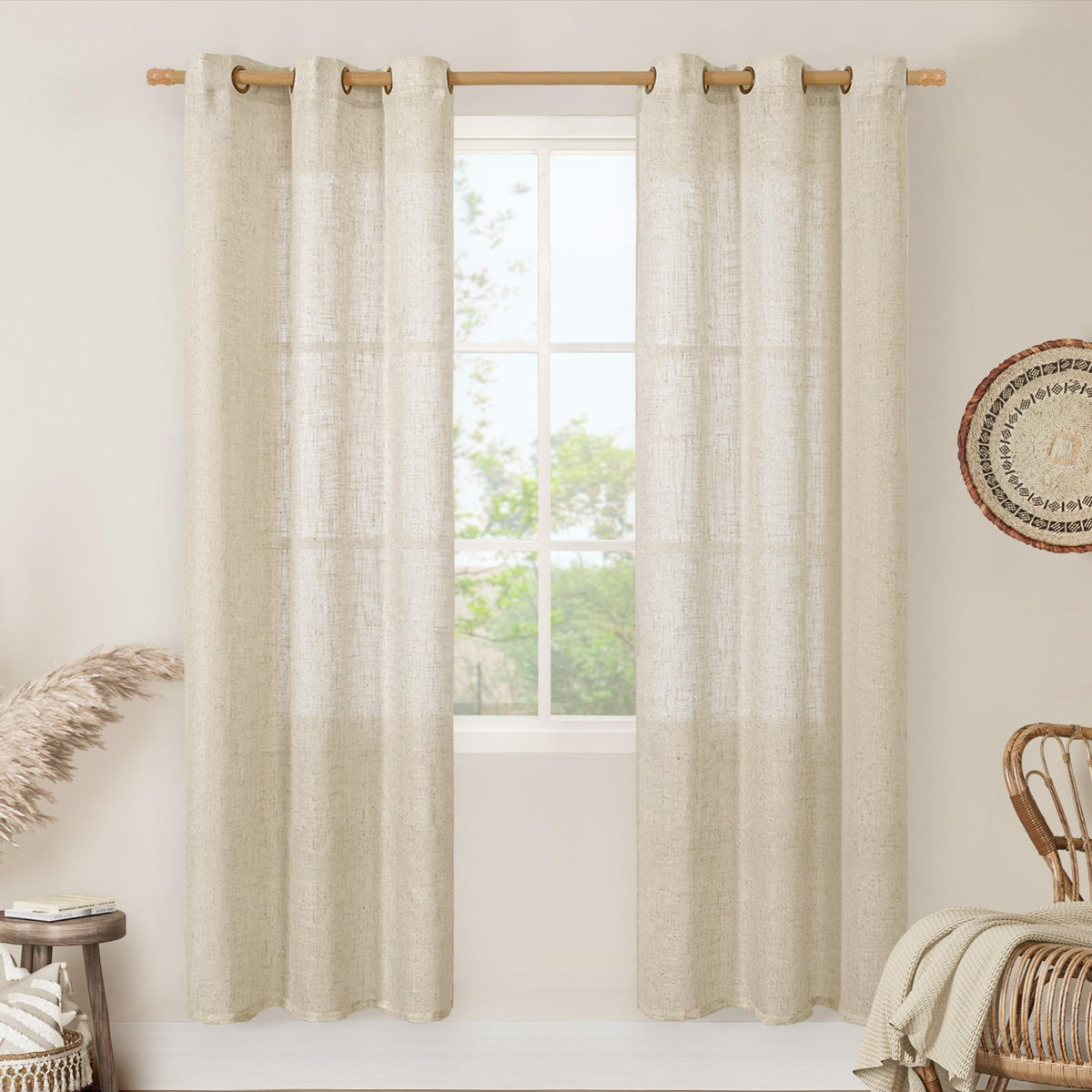 LAMIT Natural Faux Linen Curtains for Bedroom, Bronze Grommet Light Filtering Burlap Drapes, Set of 2 Panels