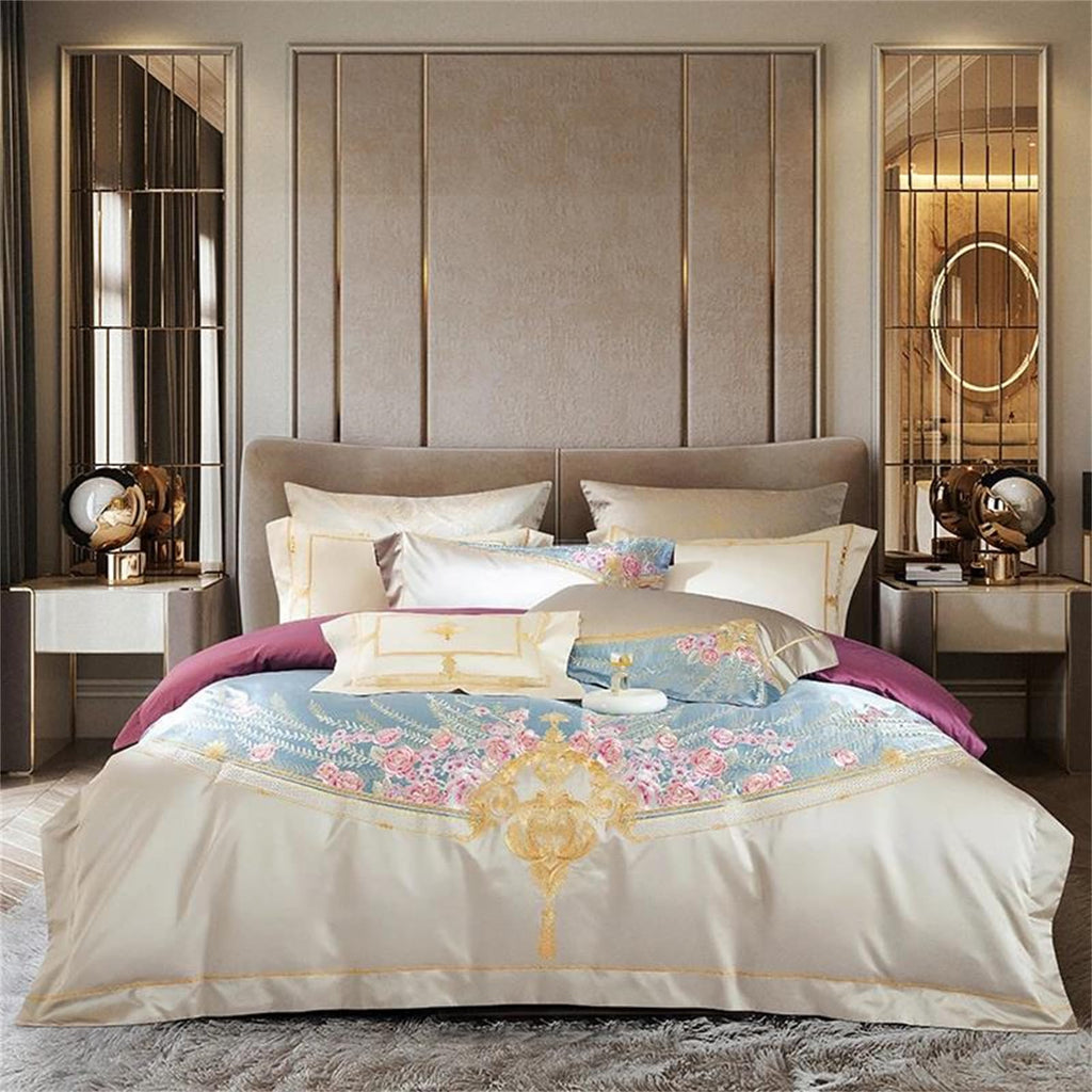 YUSIWOAL Queen King Size 8 Piece Premium Luxury Embroidery Satin Cotton Bedding Set with 800Tc Textured Weave Cover Fitted/Flat Sheet and Decor Pillows