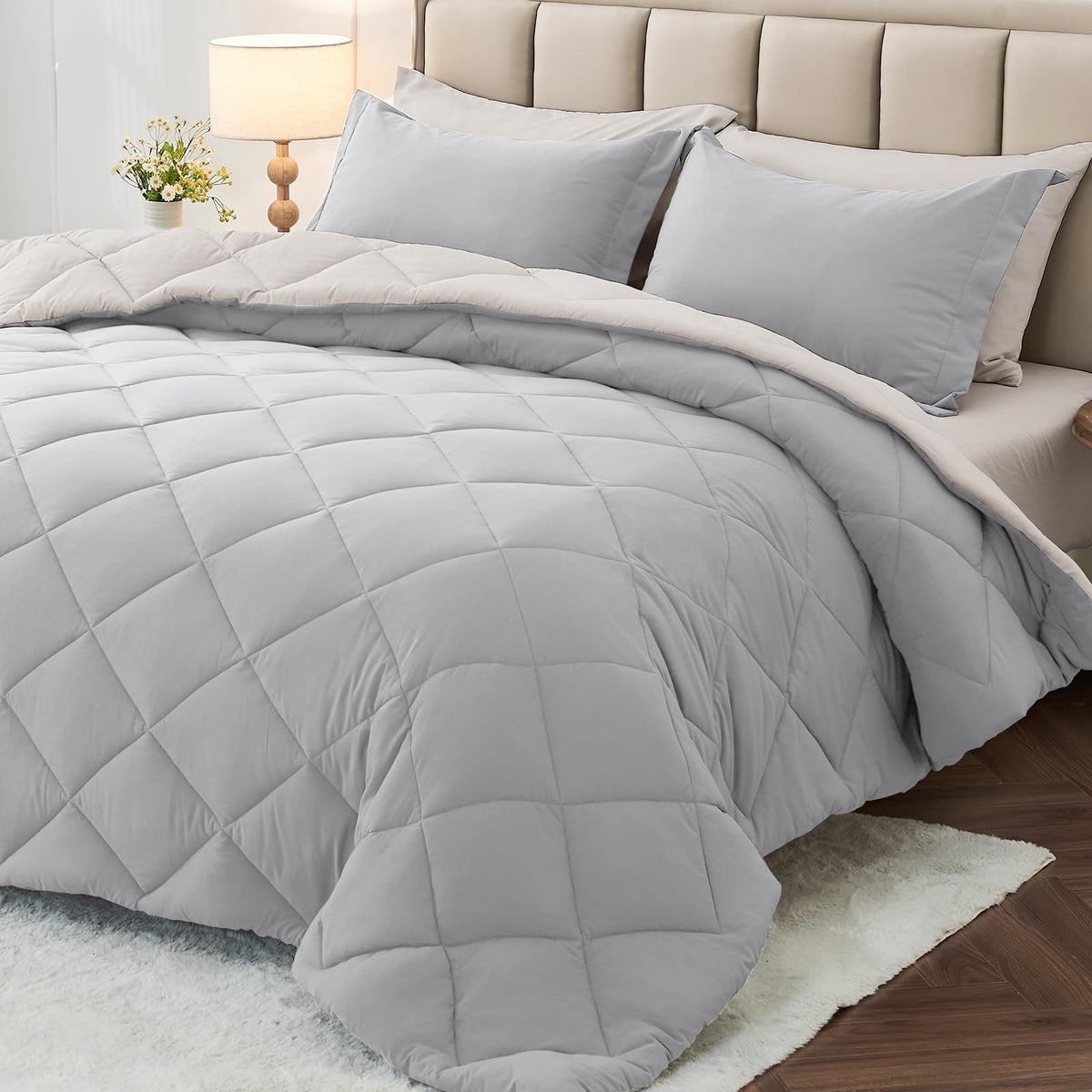 MUXHOMO 7 Pieces Comforter Set, Reversible Bed in a Bag for All Season, Bedding Set with Comforter, Flat Sheet, Fitted Sheet, Pillowcases & Shams