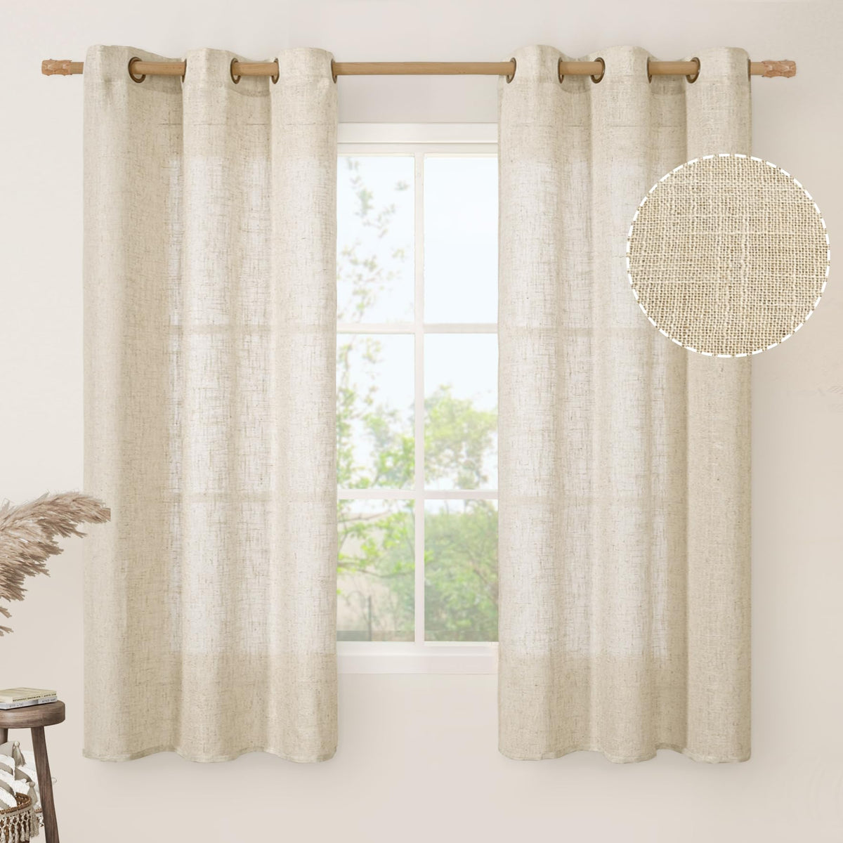 LAMIT Natural Faux Linen Curtains for Bedroom, Bronze Grommet Light Filtering Burlap Drapes, Set of 2 Panels