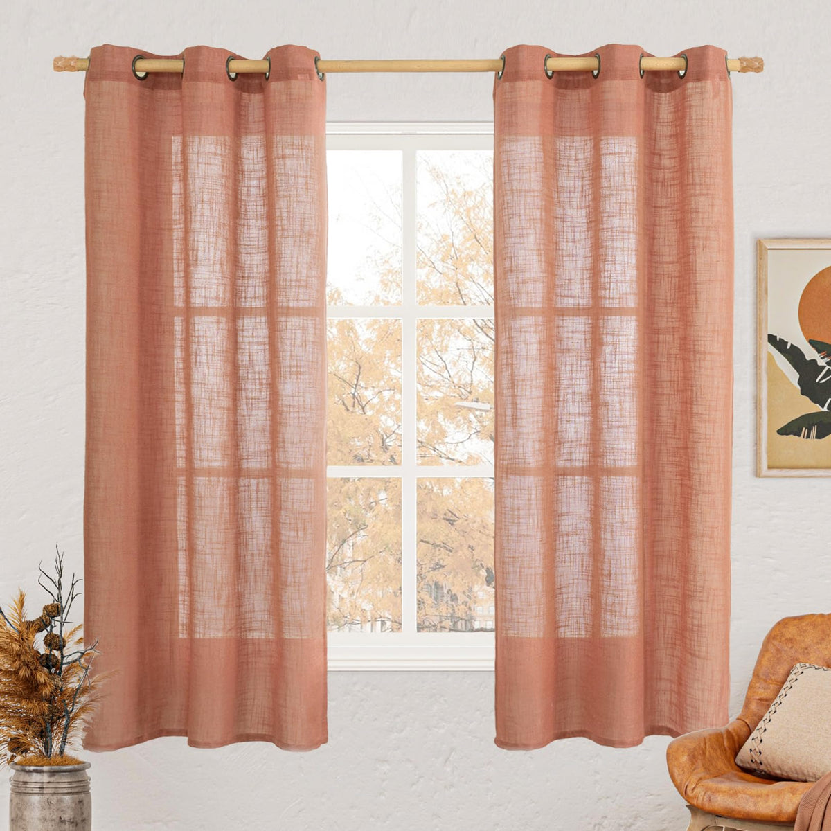 LAMIT Natural Faux Linen Curtains for Bedroom, Bronze Grommet Light Filtering Burlap Drapes, Set of 2 Panels