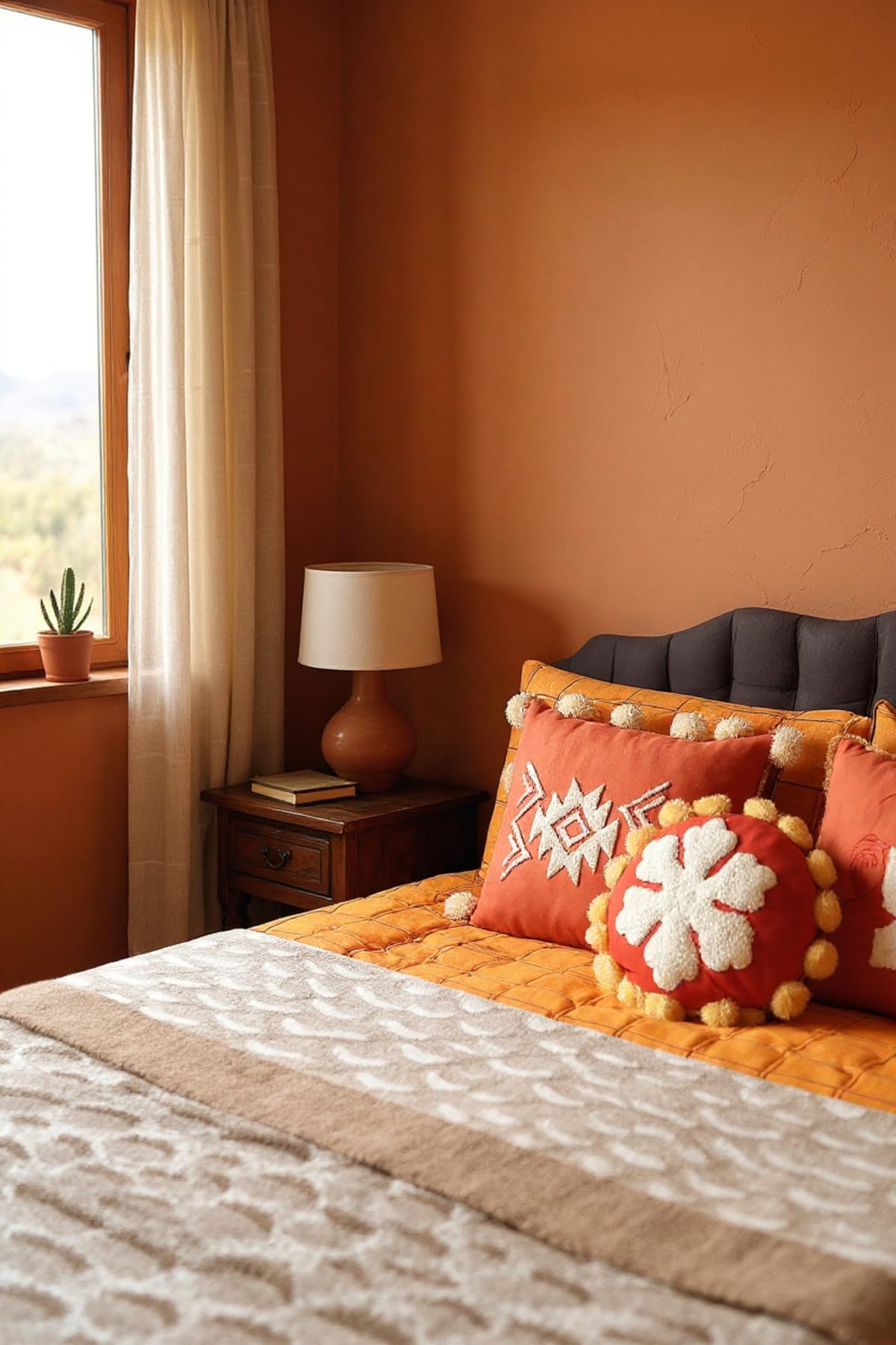 SODEF Decorative Throw Pillow Cover with Pom Poms, 18x18 in, Linen Cushion Cover, Bohemian Style, Orange - Orange