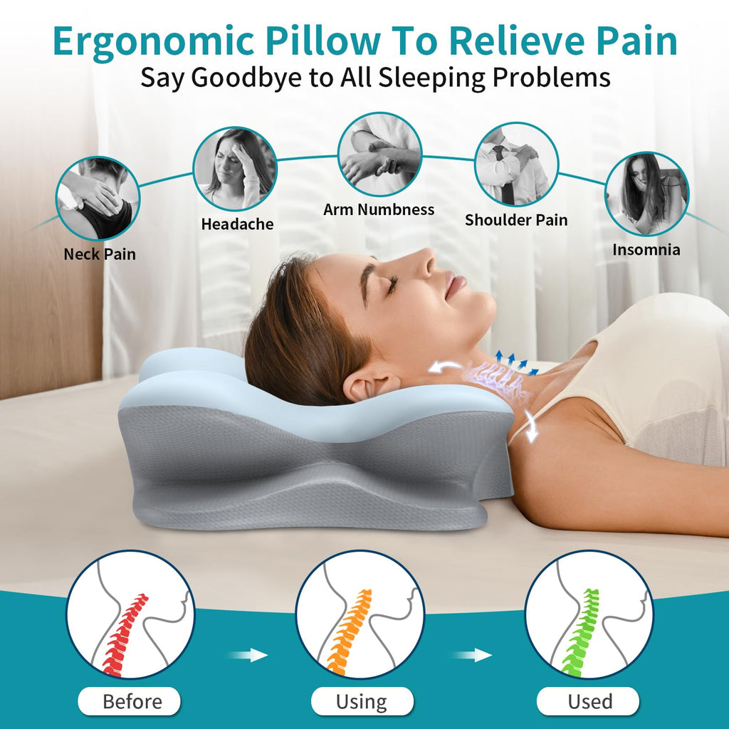 Cervical Neck Pillow for Pain Relief - Ergonomic Pillow for Neck Support, Contour Memory Foam Pillows for Sleeping, Orthopedic Bed Pillow for Side Back Stomach Sleepers
