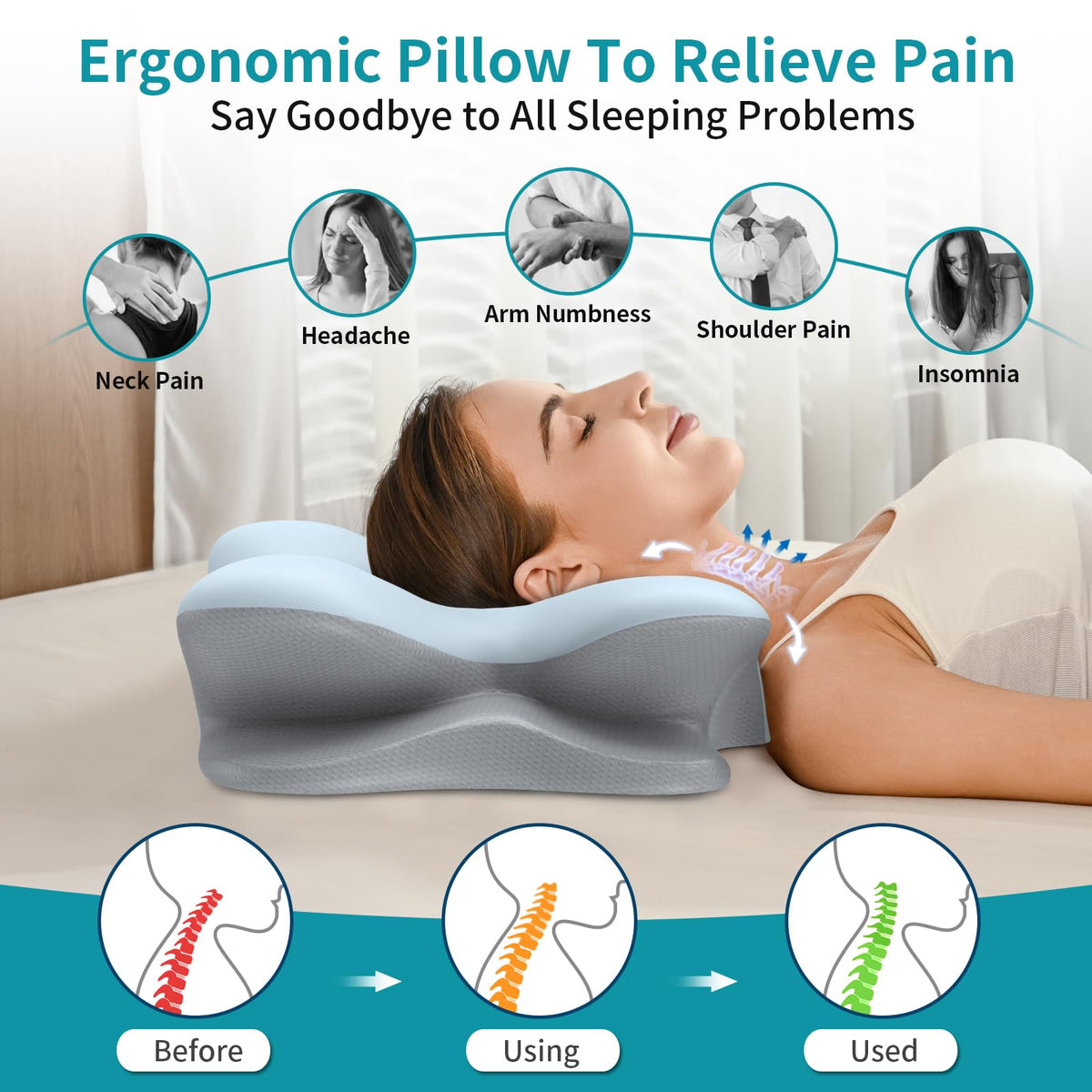 Cervical Neck Pillow for Pain Relief - Ergonomic Pillow for Neck Support, Contour Memory Foam Pillows for Sleeping, Orthopedic Bed Pillow for Side Back Stomach Sleepers