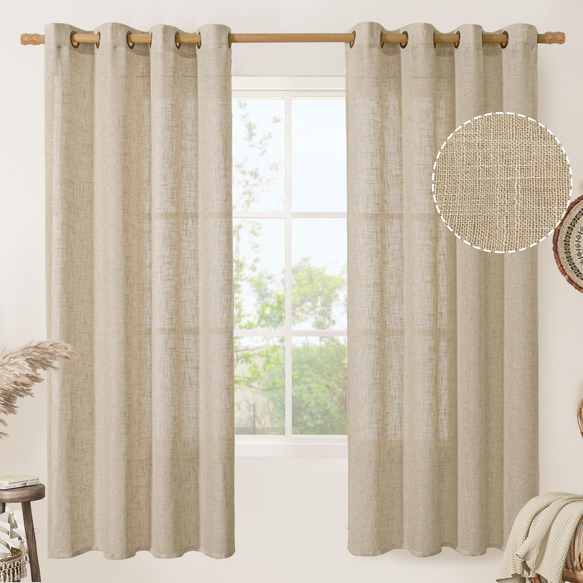 LAMIT Natural Faux Linen Curtains for Bedroom, Bronze Grommet Light Filtering Burlap Drapes, Set of 2 Panels