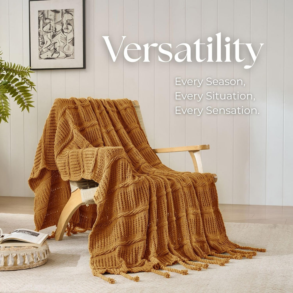 Boho Knitted Chenille Blanket with Tassels - Lightweight & Soft All-Season Throw - 3D Classic Pattern for Living Room Bedroom Couch