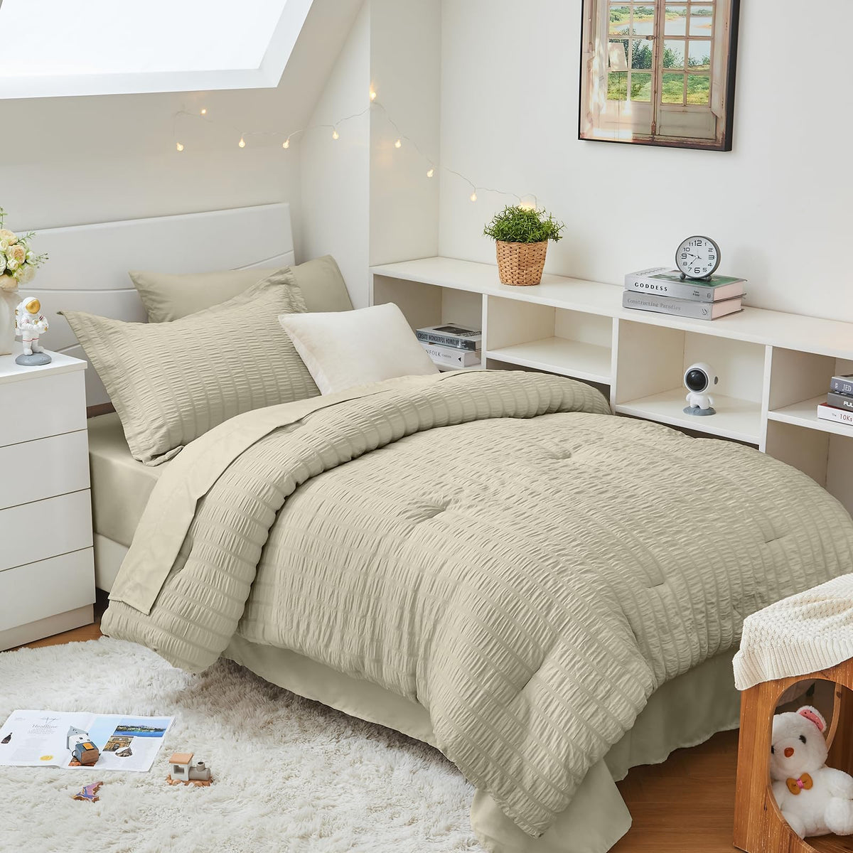HYMOKEGE Comforter Set Seersucker 7 Pieces, All Season Luxury Bed in a Bag for Bedroom, Bedding Set with Comforters, Sheets, Pillowcases & Shams
