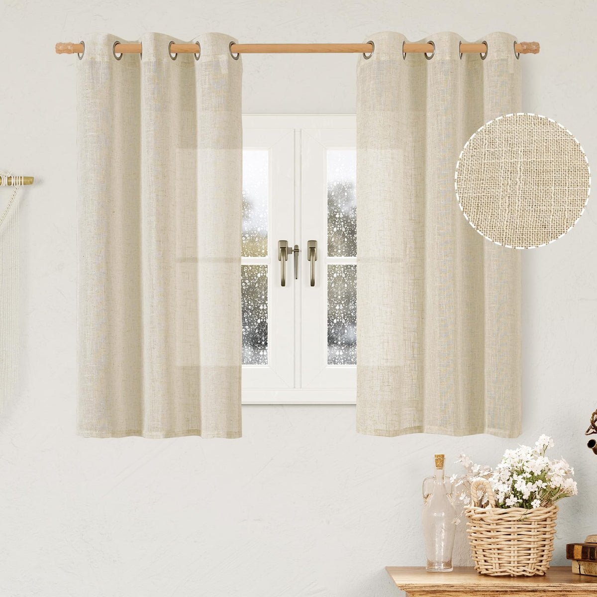 LAMIT Natural Faux Linen Curtains for Bedroom, Bronze Grommet Light Filtering Burlap Drapes, Set of 2 Panels