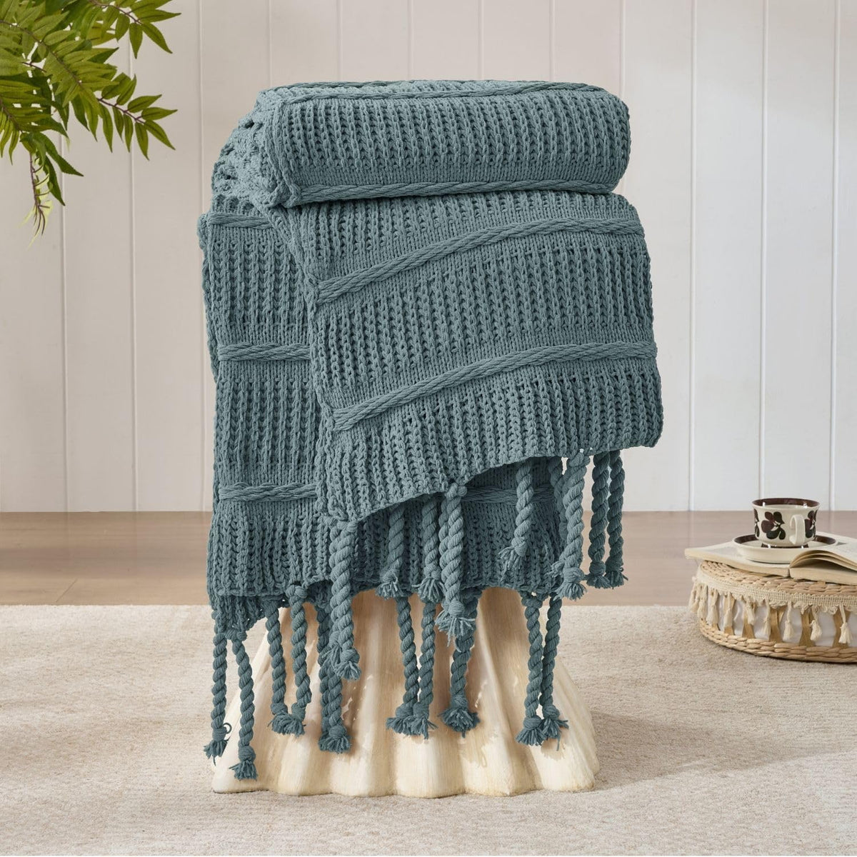 Boho Knitted Chenille Blanket with Tassels - Lightweight & Soft All-Season Throw - 3D Classic Pattern for Living Room Bedroom Couch