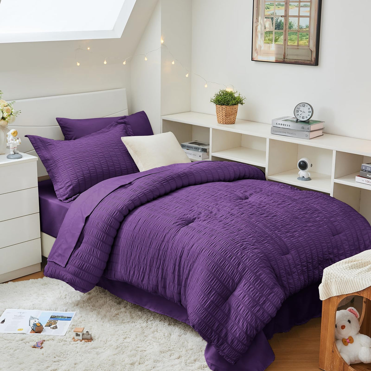 HYMOKEGE Comforter Set Seersucker 7 Pieces, All Season Luxury Bed in a Bag for Bedroom, Bedding Set with Comforters, Sheets, Pillowcases & Shams