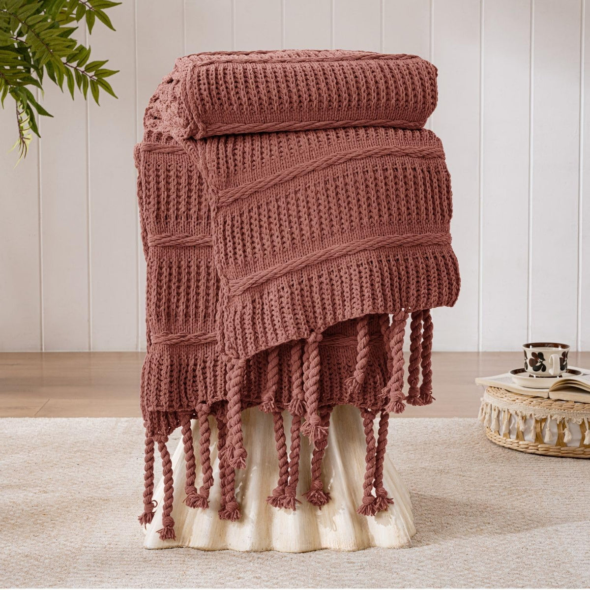 Boho Chenille Knit Throw Blanket with Tassels