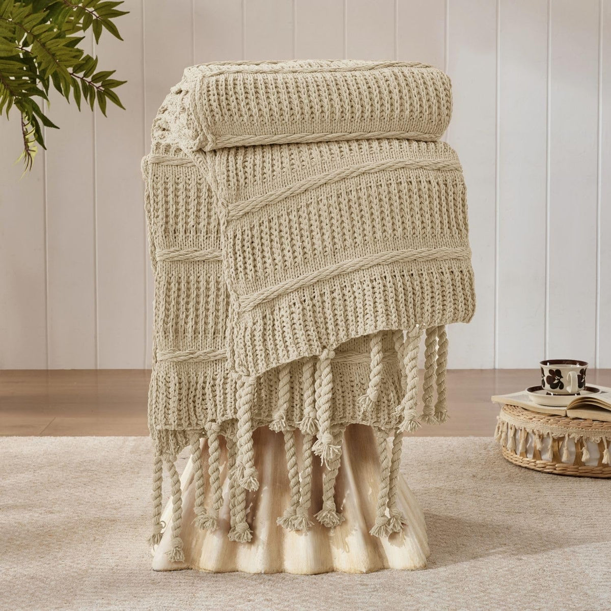 Boho Chenille Knit Throw Blanket with Tassels