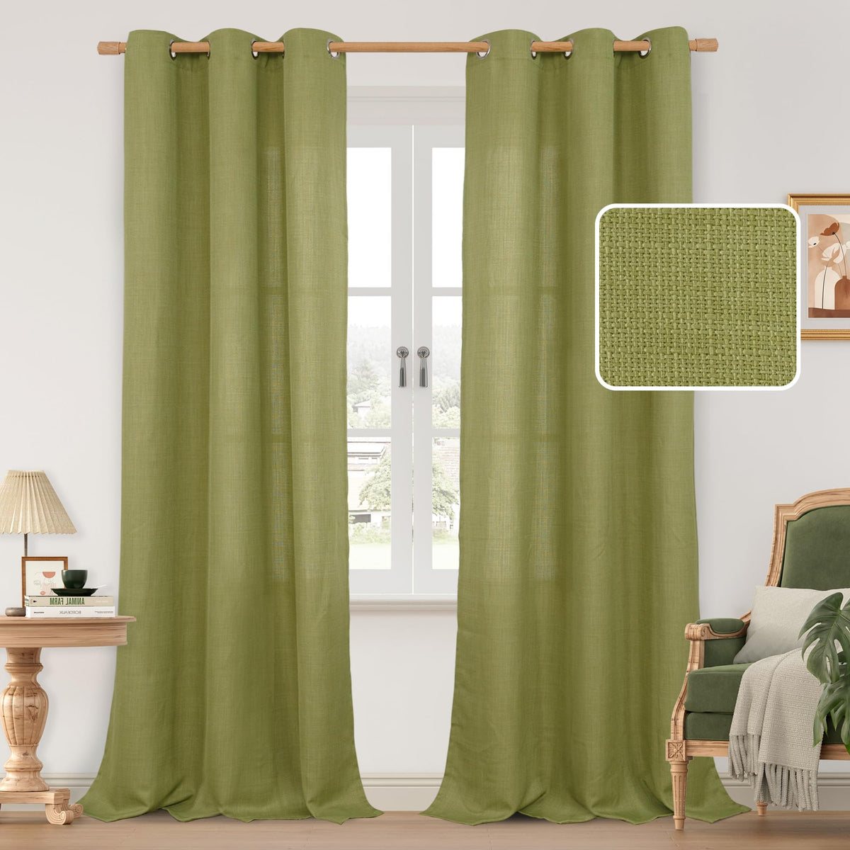 LAMIT Natural Faux Linen Curtains for Bedroom, Bronze Grommet Light Filtering Burlap Drapes, Set of 2 Panels