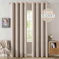 MIULEE 100% Blackout Linen Textured Curtains for Bedroom Thermal Insulated Grommet Room Darkening Drapes for Living Room