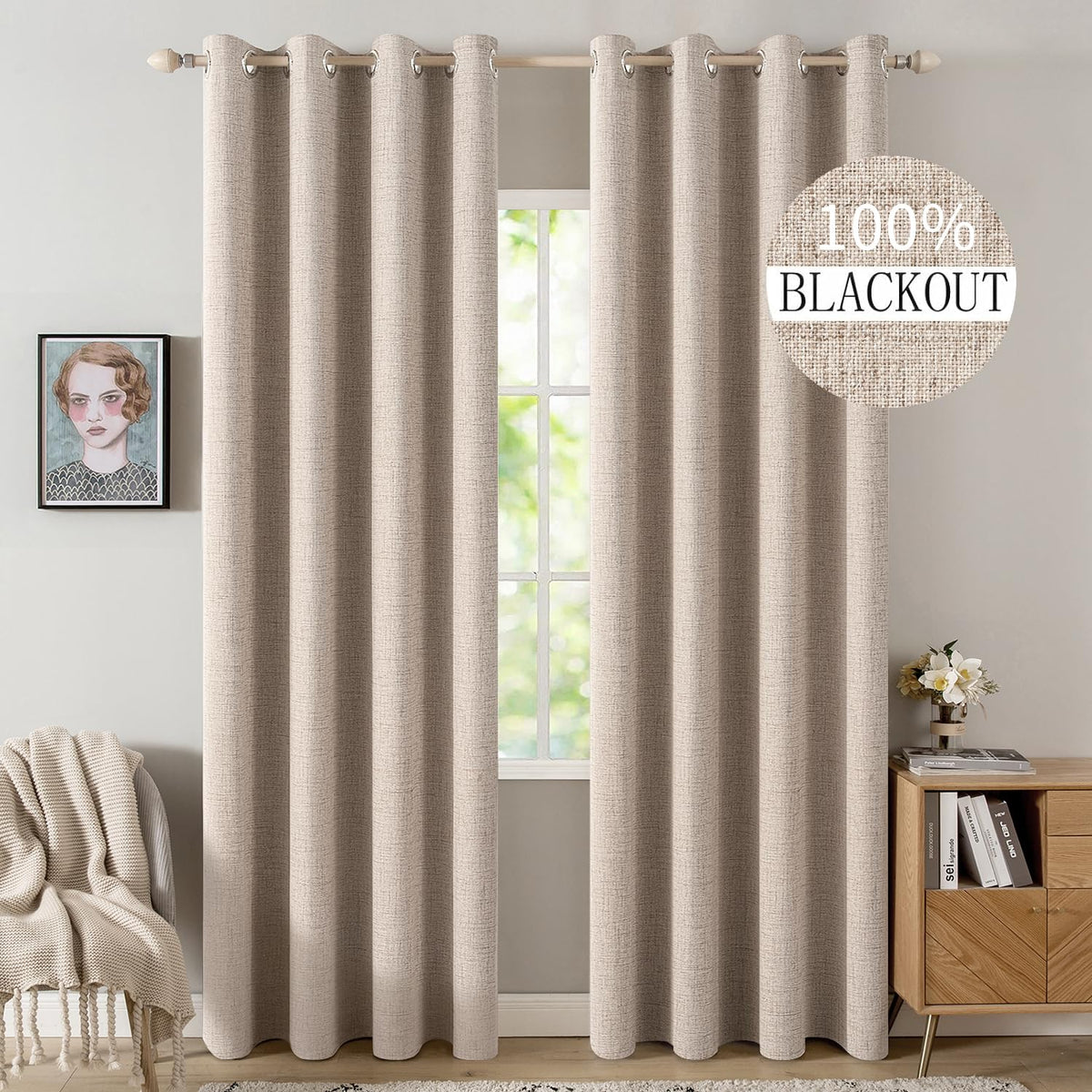 MIULEE 100% Blackout Linen Textured Curtains for Bedroom Thermal Insulated Grommet Room Darkening Drapes for Living Room