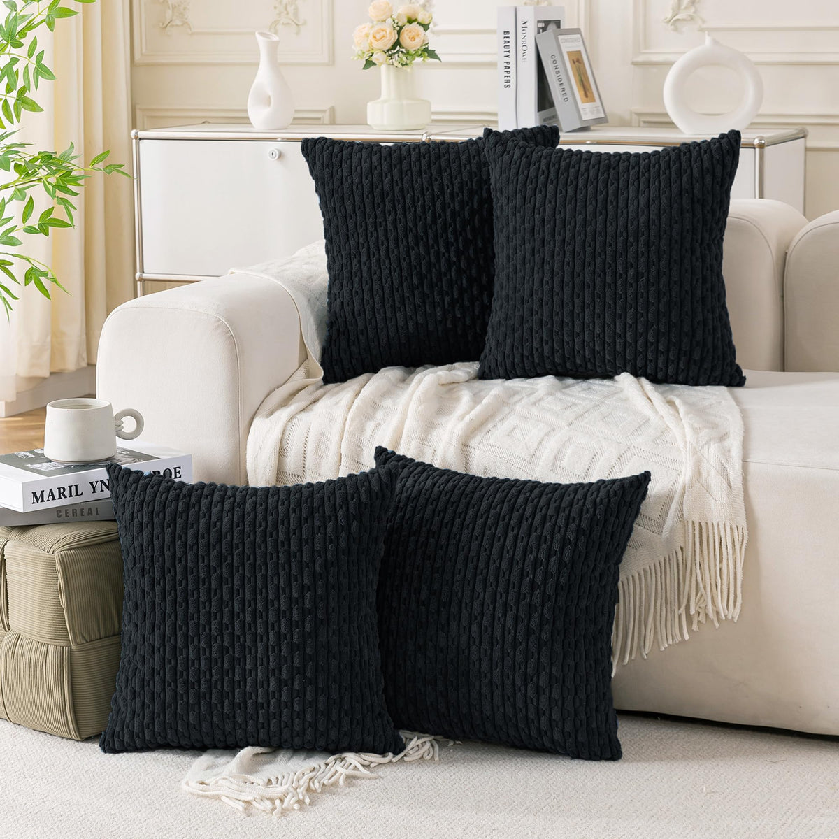 Cozoomy Set of 4 Decorative Throw Pillow Covers 18x18 Inch Corduroy Neutral Pillow Covers for Bed Couch Sofa Living Room Soft Square Cushion Cases