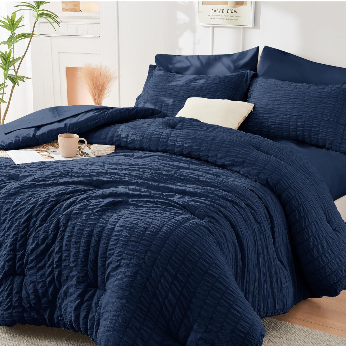 HYMOKEGE Comforter Set Seersucker 7 Pieces, All Season Luxury Bed in a Bag for Bedroom, Bedding Set with Comforters, Sheets, Pillowcases & Shams