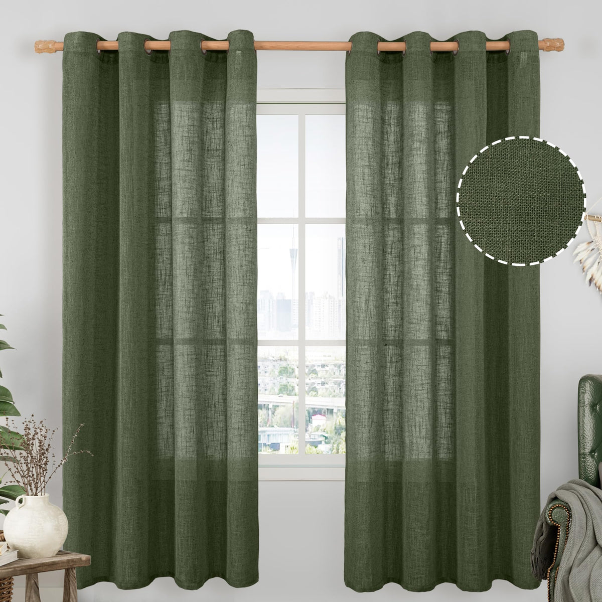 LAMIT Natural Faux Linen Curtains for Bedroom, Bronze Grommet Light Filtering Burlap Drapes, Set of 2 Panels