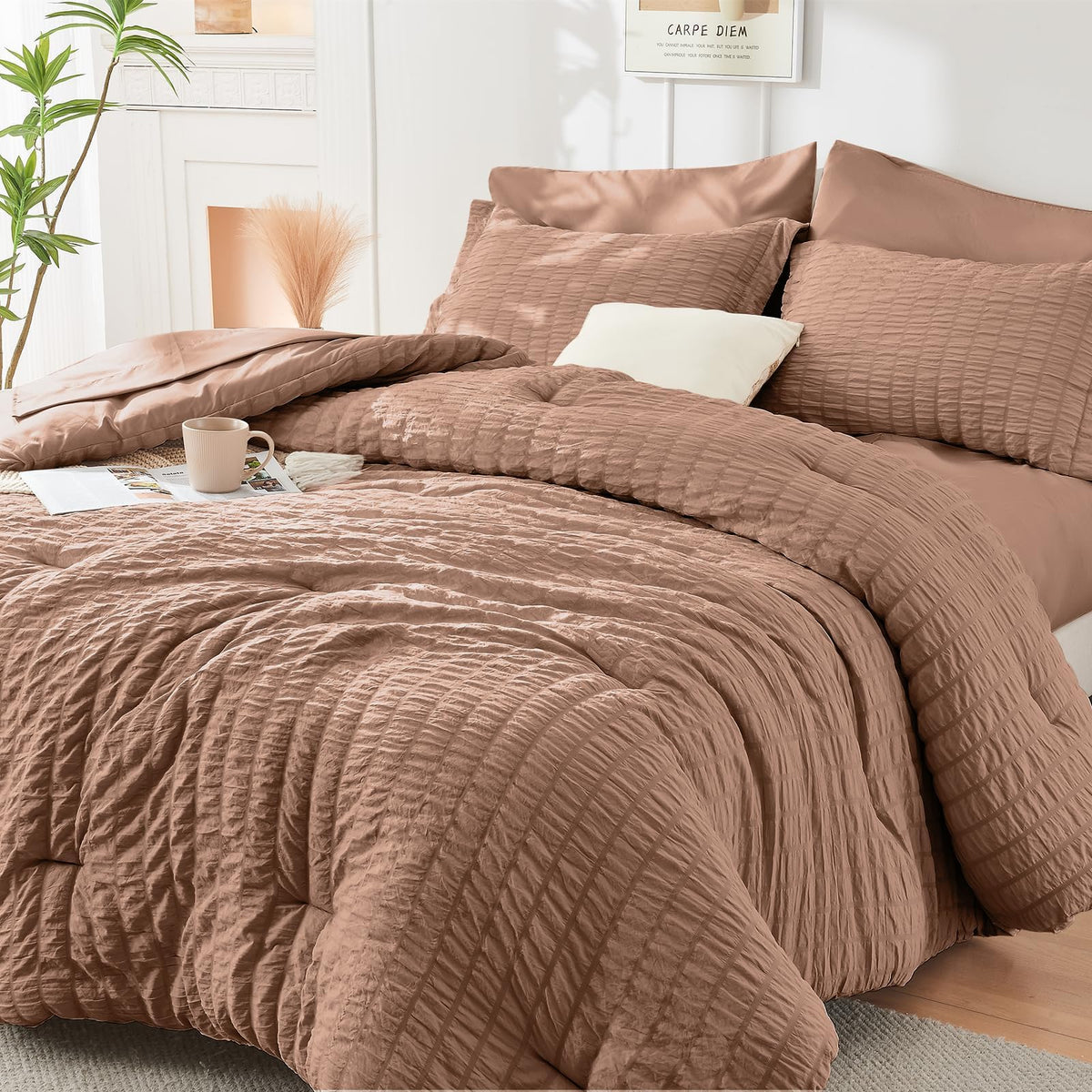 HYMOKEGE Comforter Set Seersucker 7 Pieces, All Season Luxury Bed in a Bag for Bedroom, Bedding Set with Comforters, Sheets, Pillowcases & Shams