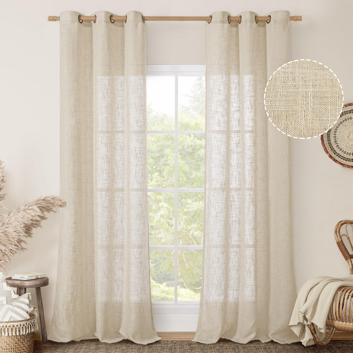 LAMIT Natural Faux Linen Curtains for Bedroom, Bronze Grommet Light Filtering Burlap Drapes, Set of 2 Panels