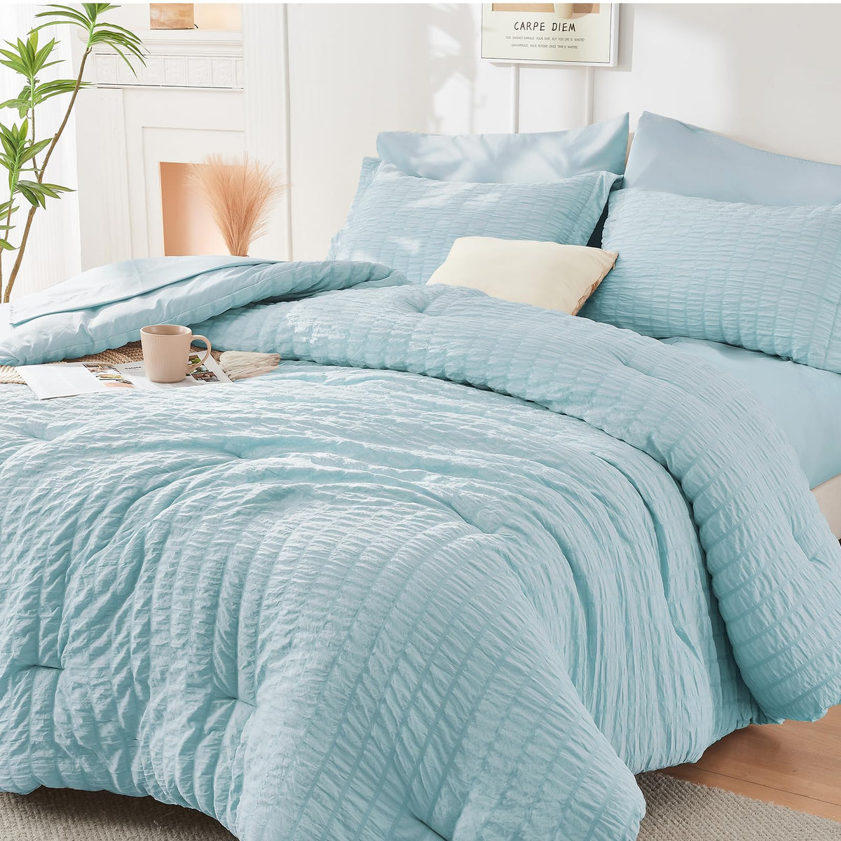 HYMOKEGE Comforter Set Seersucker 7 Pieces, All Season Luxury Bed in a Bag for Bedroom, Bedding Set with Comforters, Sheets, Pillowcases & Shams