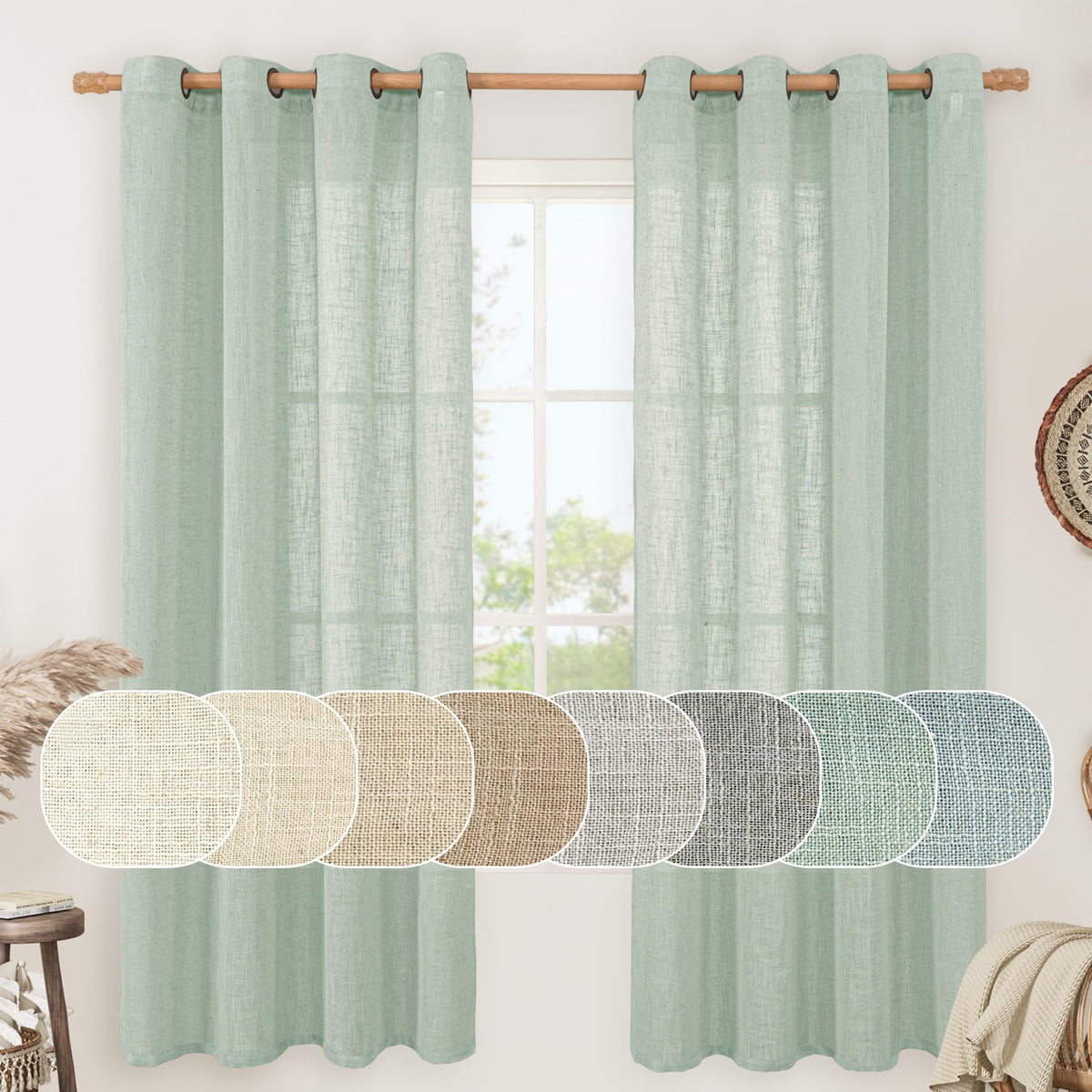 LAMIT Natural Faux Linen Curtains for Bedroom, Bronze Grommet Light Filtering Burlap Drapes, Set of 2 Panels