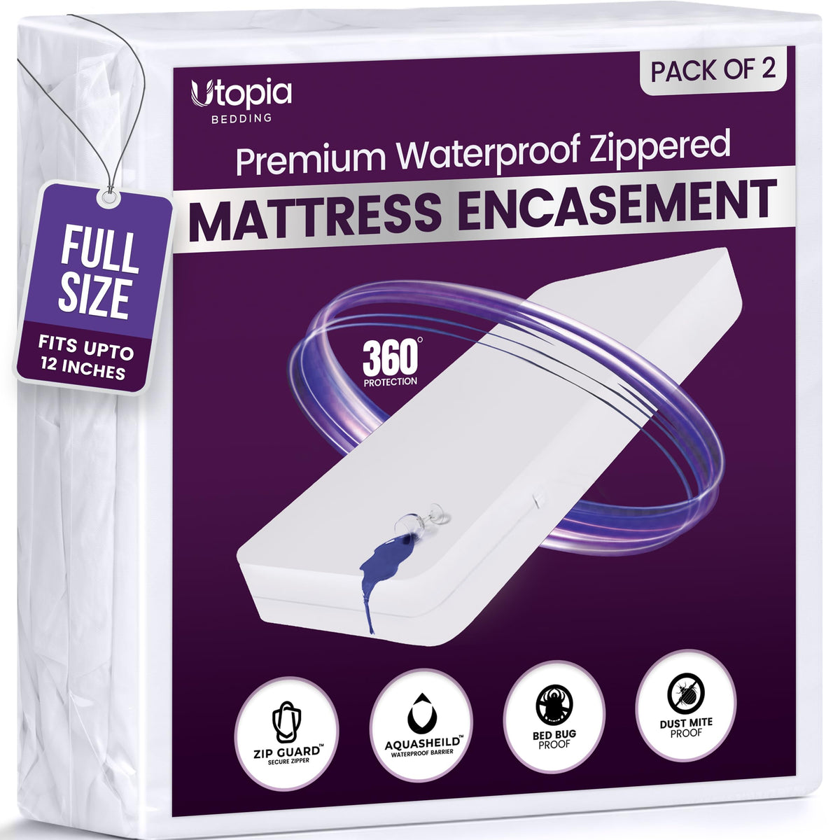 Utopia Bedding Premium Waterproof Bed Bug Mattress Cover, Zippered Mattress Protector, Dust Mite Proof 6-Sided Mattress Encasement for Bed