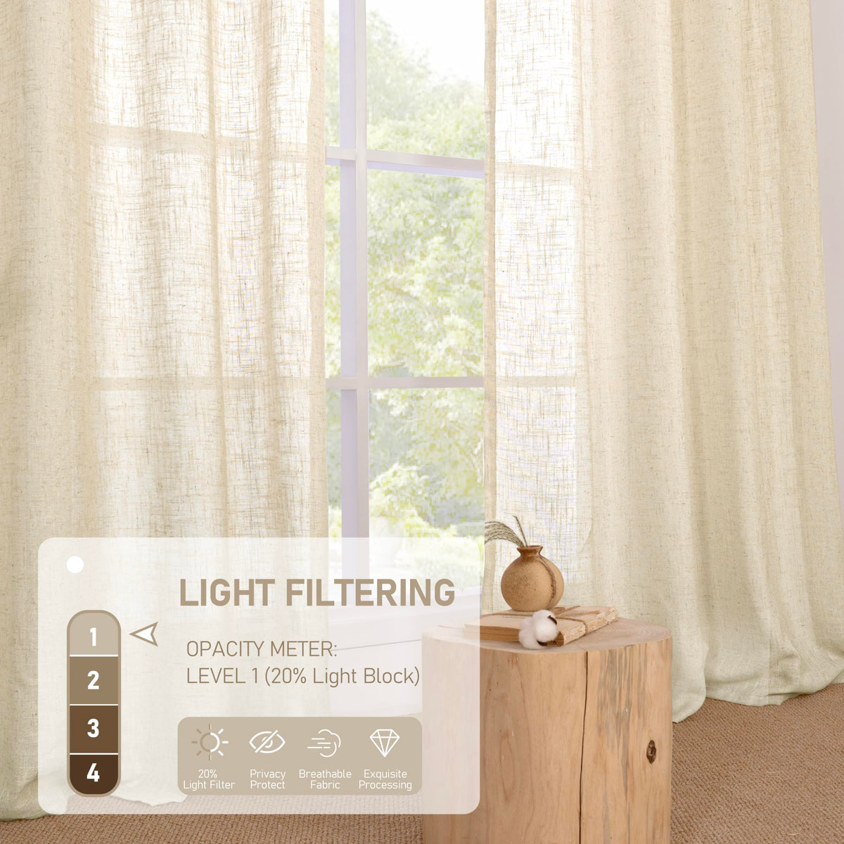 LAMIT Natural Faux Linen Curtains for Bedroom, Bronze Grommet Light Filtering Burlap Drapes, Set of 2 Panels
