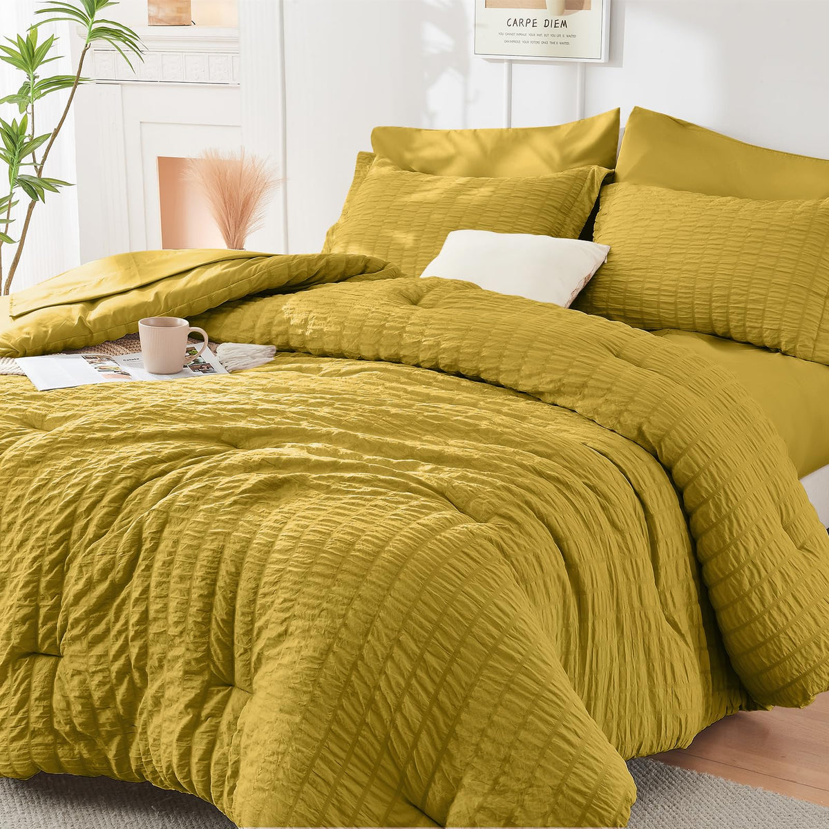 HYMOKEGE Comforter Set Seersucker 7 Pieces, All Season Luxury Bed in a Bag for Bedroom, Bedding Set with Comforters, Sheets, Pillowcases & Shams