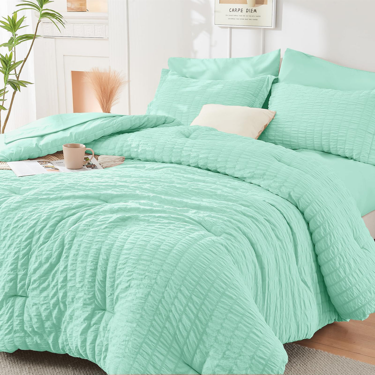 HYMOKEGE Comforter Set Seersucker 7 Pieces, All Season Luxury Bed in a Bag for Bedroom, Bedding Set with Comforters, Sheets, Pillowcases & Shams