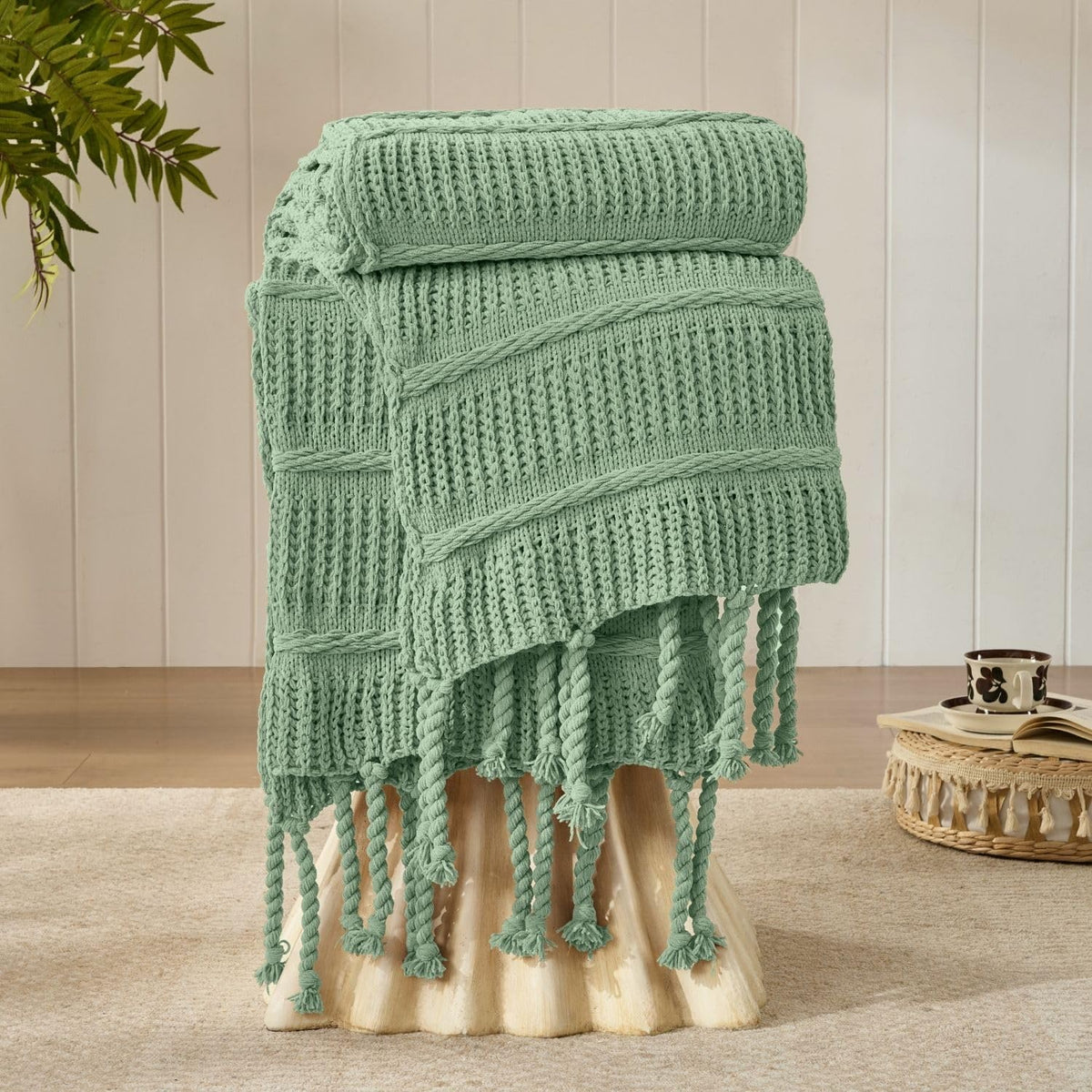 Boho Chenille Knit Throw Blanket with Tassels